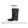 Botines de Punta para Mujer 2026 Nuevo Estilo Punta Puntiaguda Hebilla Versátiles Negros Tachonados Fruncidos de Media Pantorrilla