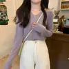 Entrega en una sola pieza top azul niebla cuello en V mujer primavera/otoño/invierno top adelgazante estilo perezoso camisa básica de punto