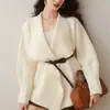 Chaqueta de punto de diseño coreano con cintura fruncida irregular para mujer, prenda exterior de color liso de longitud media para otoño e invierno, cárdigan holgado con solapa, grueso