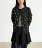Cárdigan de punto vintage estilo francés con lunares grises oscuros y manga larga para mujer, nuevo suéter chaqueta top de cuello redondo para otoño y primavera