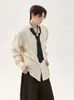 Camisa de Manga Larga Holgada a Rayas Azules para Hombre, Nuevo Estilo Primavera y Otoño, Diseño Único con Corbata Desmontable, Camisa con Estampado de Árboles