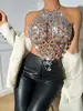 Amazon transfronterizo Sexy personalizado para mujer con gemas cosido a mano pasarela halter camisola XY21377
