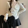 Talla Grande para Mujer Estilo Otoño MM Gordita Favorecedora Camiseta de Manga Larga Irregular con Hombro Recto Top Reductor de Cintura y Adelgazante Capa Base Chic