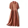 Vestido Simples Estilo Japonês para o Dia a Dia, Contagem de Fios 17x21, Linho Puro Leve, Gola Pequena Pontuda, Comprimento Médio, Manga Curta, Vestido Casual Elegante