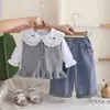 2026 Novo Conjunto de Roupas Infantis para Meninas Outono Conjunto de Roupa Infantil Estiloso Fashionável Gola Desenho Gatinho Pequeno Conjunto de Três Peças Estilo Primavera e Outono