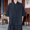 Verano 2026 Estilo Delgado Hanfu de la Dinastía Ming para Hombre Camisa de Manga Corta con Cuello en V Estilo Chino Holgada Retro