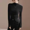 Camiseta de Manga Larga para Mujer con Cuello Medio, Estilo Occidental Plisado, Nueva para Otoño e Invierno, Ajustada, Top Interior de Terciopelo