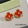 Pendientes de botón de trébol de cuatro hojas Van Cleef & Arpels para mujer V Oro Rosa de 18k Nácar Blanco Natural Calcedonia Roja Pendientes de Moda Sencillos de Temperamento