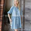 Amazon Cross-Border 2025 Primavera e Verão Novo Vestido Jeans de Manga Três Quartos Europeu e Americano Solto Fino Saia Camisa Roupas Femininas