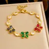 Moda Cruzada Europeia e Americana Luxo Leve Borboleta Colorida Cravejada com Diamantes Acessórios Ovais Corrente Pulseira de Corrente de Aço Inoxidável Banhada a Ouro