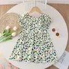 Vestido Floral de Verão para Meninas, Moda Infantil Estilosa Celebridade da Internet Vestido de Manga Bufante, Vestido Floral de Desenho Animado Estiloso para Meninas