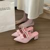 Zapatos de Verano de Tacón Alto Estilo Francés Nuevo Temperamento 2025 Chanclas con Lazo Punta Cerrada Estilo Hada para Mujer