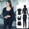 Conjunto de yoga feminino de cinco peças para primavera-verão para corridas matinais, incluindo um moletom de alta elasticidade e secagem rápida para corrida e fitness