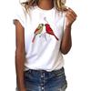 Wish ebay comércio exterior feminino europeu e americano solta gola redonda estampa de pássaro branco manga curta camiseta