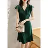 Vestido de Seda de Lunares 2026 Verano Nuevo Seda de Hangzhou Vestido Satén Verde Elegante para Mujer
