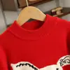 Suéter Rojo de Dibujos Animados 100% Lana Pura para Niñas Invierno Grueso Tejido Camiseta Base para Niños Mayores Elegante