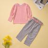 Samgami Baby Export Ropa Infantil Primavera Traje de Niña Top de Color Puro Manga de Farol Pantalones a Cuadros Conjunto de Dos Piezas