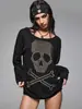 Camiseta Suelta de Cuello Redondo y Manga Larga con Calavera Adornada Estilo Gótico Oscuro Europeo y Americano Tendencia Vintage Casual para Mujer
