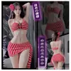 Top de tubo coreano de gasa a rayas traje de baño de dos piezas conjunto de bikini de tres piezas negro y rojo para aguas termales para mujer