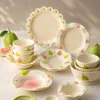 Juego de cuenco y plato esmerilados pintados a mano estilo Ins, platos de cerámica de alto valor, cuencos para el hogar, cuencos para sopa, cuencos para ramen, platos de cena, vajilla