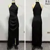 Ropa de Mujer de Comercio Exterior, Vestido de Noche Más Vendido de Amazon, Elegante Vestido Largo de Fiesta Ruched con Abertura y Cuello Halter sin Mangas