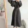 Vestido Slimming Chic Coreano com Temperamento Francês, Falso Duas Peças, Cadarço na Cintura