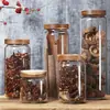 Tapa de Madera de Acacia Transparente Vidrio de Borosilicato Alto Tarros para Té Granos de Café Frutas Secas Cereales Frasco de Almacenamiento Botella de Almacenamiento para Materiales Medicinales