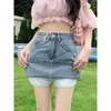 Minifalda vaquera de cintura alta para mujer, nuevo estilo de verano, línea A, adelgazante, que se ajusta a las caderas, sexy, para petite, media falda anti-exposición para mujer