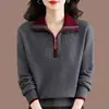 2026 Novo Outono/Inverno Blusa de Tricô Grossa com Blocos de Cor, Gola Lapela, Meio Zíper, Slimming, Manga Longa, Camada Base Elegante Feminina