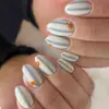 Unhas postiças compridas em formato amendoado com padrão de frutas, linhas azuis e brancas, unhas postiças laranjas, removíveis, simples e de alta qualidade