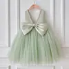 Vestido infantil en verde, dulce y sin espalda con lazo, vestido para el primer cumpleaños del bebé, vestido de princesa de tul esponjoso para niña para primavera