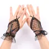 Guantes de Encaje de Gancho para Dedos Boda Nupcial Halloween Lolita Malla Negra Lazo Manga de Mano para Bailar