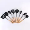 Juego Personalizado de 12 Utensilios de Cocina de Silicona, Incluyendo Espátula, Pala para Arroz, Cuchara para Sopa y Otros Utensilios de Cocina de Silicona Antiadherentes con Mango Largo