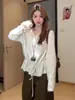 Suéter de Crochê Vazado Suave Estilo Coreano para Mulheres, Top com Cordão para a Temporada de Primavera, Ajuste Slim, Manga Longa, Jaqueta Fina