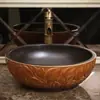 Lavabo de cerámica para encimera, de una sola cubeta, estilo vintage, lavabo artístico redondo para baño, lavabo artístico antiguo para uso doméstico
