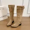 Botas Altas Duidui Otoño/Invierno 2026 Tacón Grueso Punta Fina Adelgazantes Gamuza Caqui para Mujer Botas de Mujer Plisadas