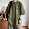 Camiseta de Manga Corta Casual Americana de Estilo Neutro Holgado para Pareja de Hombres y Mujeres, con Estampado de Luna y Forro Polar de Piel de Ciervo de Verano, Top de Moda Ins