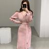 Foto real Vestido de suéter ajustado de punto con cuello en V y abertura para mujer de Corea del Sur, delgado por encima de la rodilla con cordones estilo francés 9064