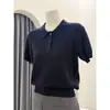 2026 Verano Nuevo Producto Patrón Oscuro Corbata de Moño Tejido Fino Tencel Lana Cuello Polo Manga Corta Tejido de Punto para Mujer Primavera Ligero