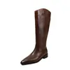 Botas de caballero de cuero de dos capas para mujer, botas largas de caña alta, nuevas de invierno, puntera cuadrada, cremallera trasera, tacón bajo, no por encima de la rodilla, botas de caña recta para mujer