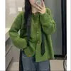 Cardigã de tricô verde de manga longa, estilo coreano, para outono e inverno, novo, gola redonda, macio e amigo da pele, para mulheres, suéter de caimento solto