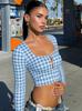 Roupas Femininas Europeias e Americanas Mais Vendidas Moda Verão 2025 Cardigã com Estampa Xadrez Manga Longa Botões Slim Camiseta Comércio Exterior Atacado