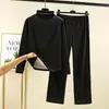 Novo conjunto de base térmica escovado espesso de outono e inverno com gola alta e meia-altura para mulheres, com camiseta de manga comprida e conjunto de duas peças de fleece térmico