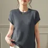 Camiseta de Punto de Lino Helado Estilo Francés Vibe Perezoso con Mangas Volantes para Mujer, Verano Delgada Holgada Transpirable Casual Relajada de Manga Corta