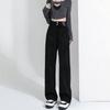 Jeans Preto Cinza Perna Larga Feminino Abotoadura Dupla Cintura Alta Solto Emagrecedor Comprimento Estreito Perna Reta Combina com Tudo Calças