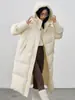 Chaqueta de plumón Pinghu 90% plumón de pato, nuevo estilo otoño e invierno 2026, elegante cuello alto, con capucha, holgada, adelgazante, abrigo largo para mujer
