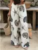 Pantalones de pierna ancha de cintura alta para mujer de verano, cintura elástica estampada, pantalones largos casuales holgados, pantalones rectos con cordón estilo vacacional