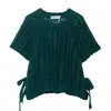 Comércio Exterior Roupas Femininas Verão 2025 Europeu e Americano Cinto Lateral Tricô Recorte Gola Redonda Manga Curta Camisetas Tops para Mulheres A35437
