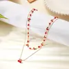 Collar Largo con Colgante de Cereza Roja Estilo Y Europeo y Americano Dulce y Fresco, Collar en Capas con Cuentas de Frutas Rojas Vintage para Mujer, Accesorio de Vacaciones de Nicho