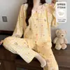 Pijama feminino com bojo, estilo fino para primavera e outono, algodão nuvem renda manga longa doce cartoon menina conjunto de roupa de casa